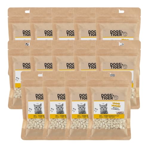 Dogs'n Tiger Adult Katzen Snacks Mmmh mmmh Huhn, 99% gefriergetrocknetes Filet in zerhackten Würfeln– ohne Zucker, Getreide & künstliche Aromen, 14x 30g
