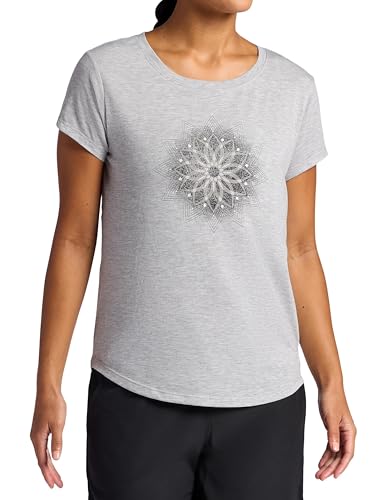 Image of Gaiam Womens Mindful Flower Moon Crewneck T-Shirt, Relaxed Fit, Stretch Lightweight Material, Curved Hem, Light Grey Heather, M