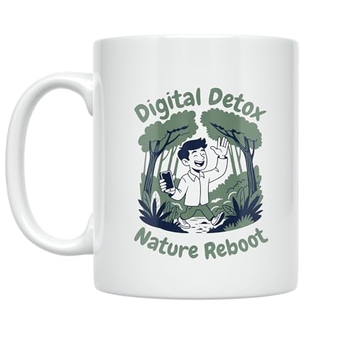 Nature Lover Coffee Mug - Digital Detox Nature Reboot Design - 11 oz White Ceramic - Eco-Friendly Humor Style