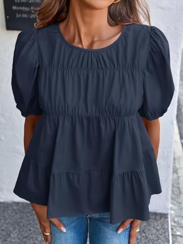 Image of Tankaneo Womens Puff Sleeve Peplum Babydoll Tops Summer Flowy Pleated Cotton T-Shirts Casual Loose Fit Cute Blouse