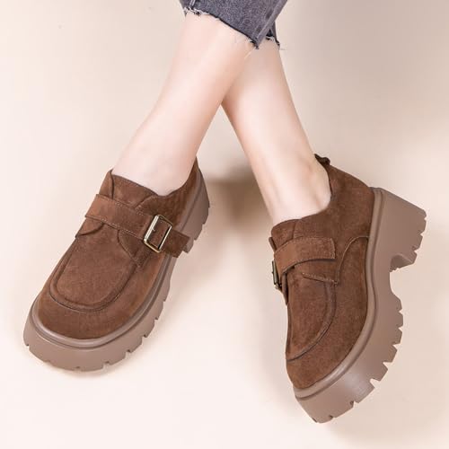 Image of Women's Chunky Heel Platform Loafers, Suede Penny Loafers Slip On Comfort Casual Business Shoes