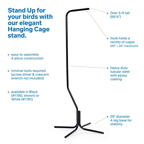 Image of Prevue Pet Products Tubular Steel Hanging Bird Cage Stand - Heavy-Duty White Bird Cage Stand with Hook, 4-Leg Base for Indoor or Outdoor Hanging Bird Cages and Feeders - Black