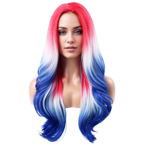 Wihasoe 4th of July Wig Red White and Blue Wigs Flag Wigs Long Wavy Curly Rainbow Middle Part Heat Resistant Synthetic Cosplay Party Wigs