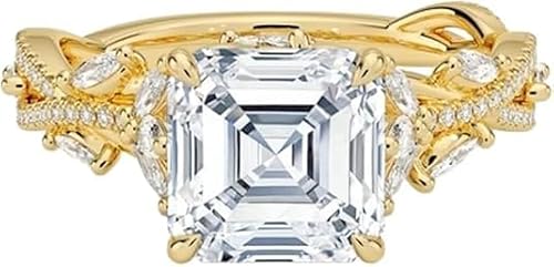 2 Carat Yellow Gold Asscher Cut Moissanite Engagement Ring for Women, Nature Inspired Floral Leaf Design, 10K 14K 18K Solid Gold or 925 Sterling Silver, Vintage Promise Wedding Ring, Unique Proposal Ring Gift