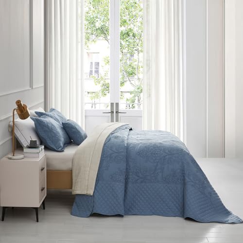 Image of CHIXIN Oversized King Bedspread 128x120 Extra Wide - Lightweight Bedding Cover - Beautiful Stitching - 5 Piece Reversible Bedspread - Luxury Damask Paisley Pattern (King /Cal King, Ashley Blue)