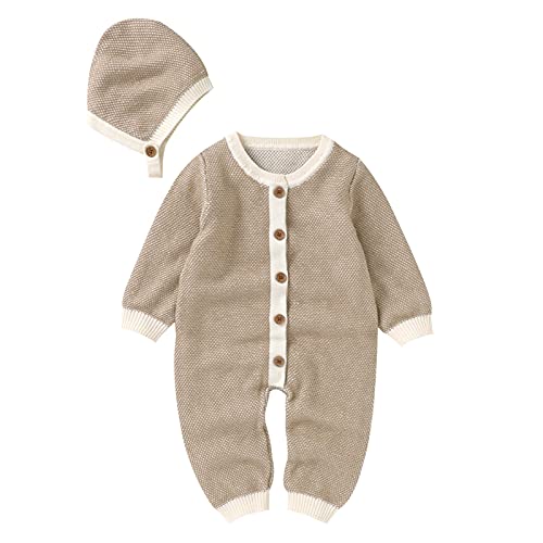 Image of Newborn Baby Crewneck Sweater Jumpsuit Sets Infant Boy Girl Cute Paid Knitted Overalls+Hat (01-Khaki, 0-3 Months)