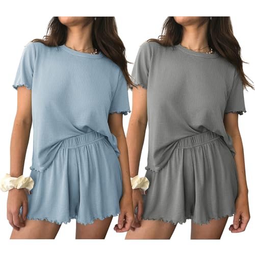 Image of Ekouaer 2 Packs Women Pajama Set Short Sleeve Sleepwear Soft Top and Shorts | Casual Pjs Outfits Ribbed Knit Lounge Set with Pockets