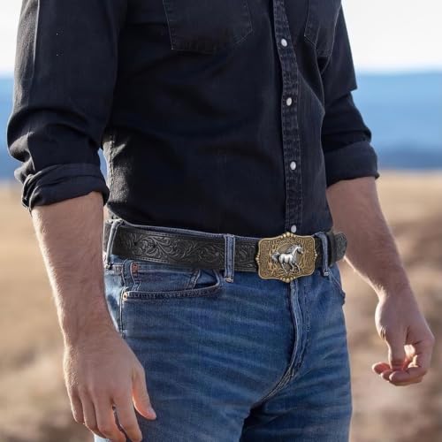 Image of Cowboy Cowgirl Belt Western Belts for Men Women Floral Engraved Longhorn Bull Buckle Belt for Jeans