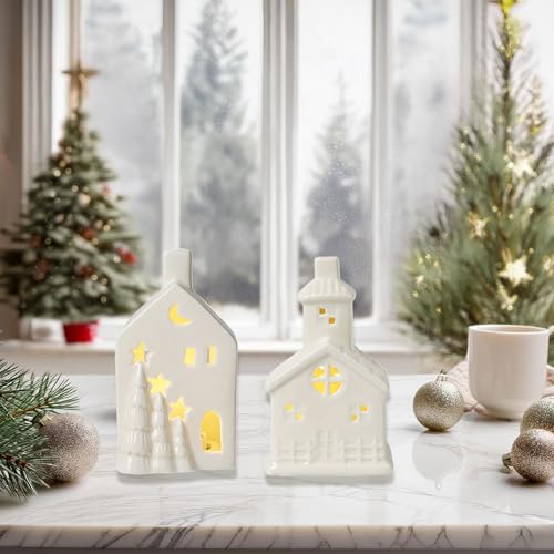Petit village de Noël en céramique blanche avec éclairage LED doux - 3