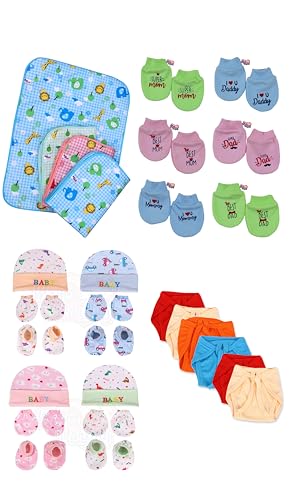 MOM’S DARLING Newborn Baby Mittens | Cap Mittens and Booties Set | Plastic Waterprrof Sheets for Baby | Baby Langot and Nappies | Newborn Baby Essential Combo Items | Baby Gift Pack for 0-6 Month