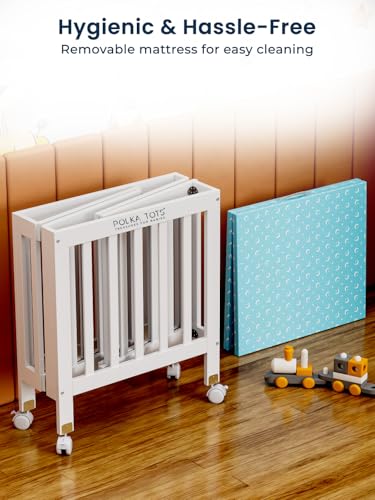 Image of POLKA TOTS Portable & Adjustable Cot for Baby | Wooden Folding Baby Bed with Lockable Wheels | Crib for 0 to 6 Years Infants with 3 Height Settings | Durable Material & Breathable Sides (Up to 28 kgs)