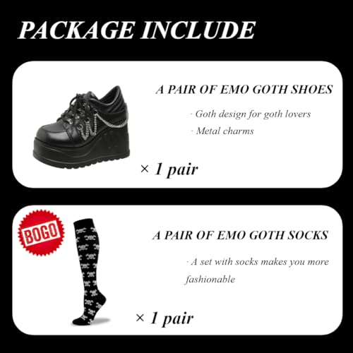 Cute Emo Shoes Platform Y2K Grunge Black Wedge Heels Low Boots with Metal Chains Charms for Women Teen Girls Chunky Goth Punk Kawaii Retro Gifts for Daughter Streetwear Back to School2