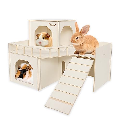 Teabelle Wooden Guinea Pig Hideout House with Ramp, Large Guinea Pig Castle, Multi-Chamber Small Animal Habitat Decor, Cage Accessories for Hamster Guinea Pig Chinchilla Dwarf Rabbit Hedgehog