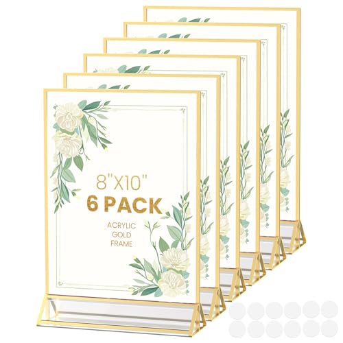 YOAEAILY Gold Frames 8X10 Acrylic Sign Holder Double-Sided Picture Frames for Menu Wedding Table Number Christmas Photos With Removable Round Stickers - 6 Pack