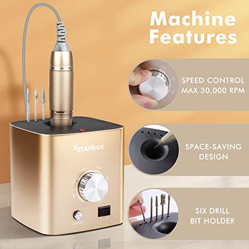 Nail Drill for Acrylic Nails - Professional Nail Drill Machine BTArtbox 30000 rpm Electric Efile Nail Drill for Gel Nails Remove Poly Nail Gel Gift for Women Home and Salon Use, Gold