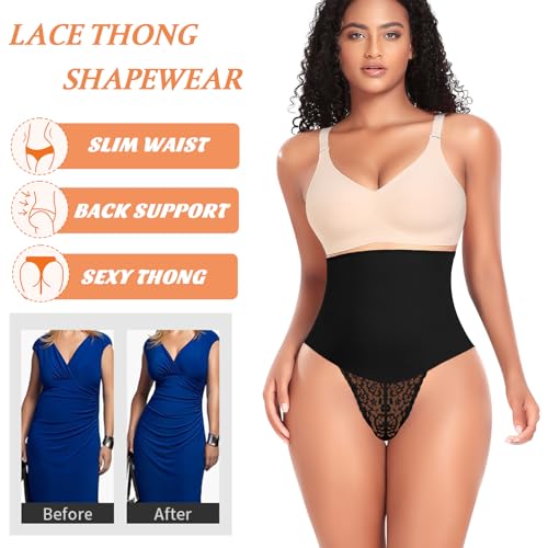 Image of Werena Tummy Control Thong Shapewear for Women Mid High Waisted Body Shaper Underwear Lace Shaping Thong Girdle Panties