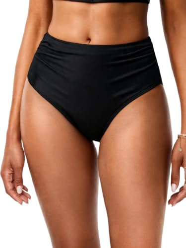 Daci Black Full Coverage Bikini Bottoms - Mid Rise Bathing Suit Bottoms for Women Tummy Control Swimsuit Bottom M