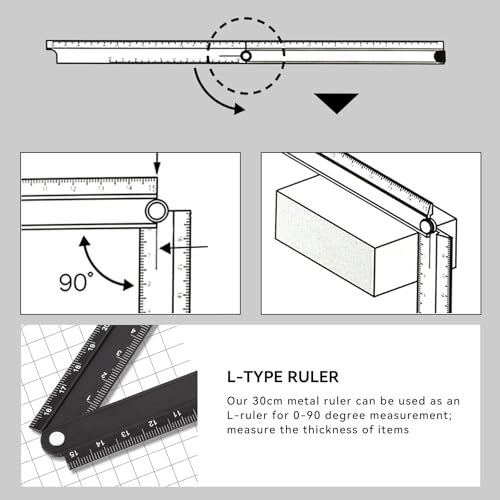 30cm Folding Ruler, 90° Foldable Metal Aluminum Ruler 0-300mm Length Fold Straight Angle Measure Stationery Ruler Black for Machine-Made Glass Making