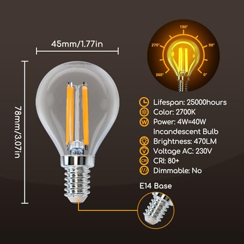 Aigostar E14 Filament Bulbs 4W, LED Small Edison Screw Golf Ball SES Bulb 470LM, 2700K Warm White, 40W Equivalent Clear Vintage Light Bulb for Decorative 5-Pack in 1 Box