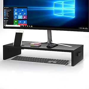 BONTEC Monitor Stand for Desk, Wooden Desk Riser, 540 x 255 x 104 mm, Ergonomic Monitor Riser with Phone Holder, Cable Management, Keyboard Storage, Desktop Organiser, 30 kg Load, Black