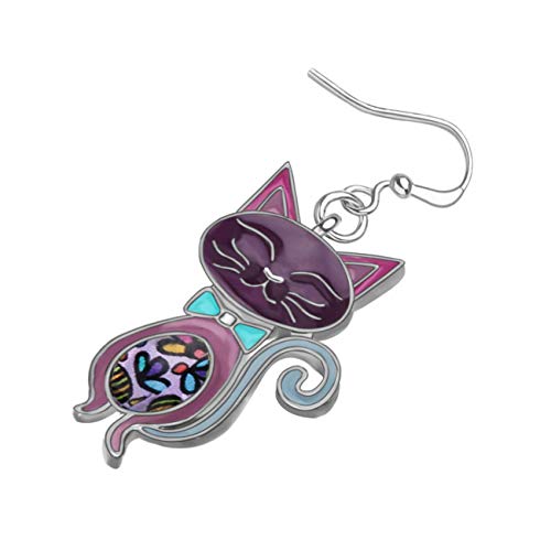 Duowei Metal Enamel Elegant Bowknot Kitten Cat Earrings Lovely Cartoon Pet Dangle Drop Novelty Jewelry For Women Girls Ladies (Purple) #TOP2