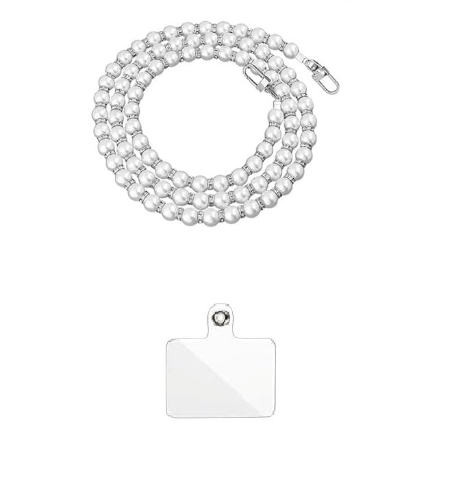 Image of KHOLAD White Bow Phone Chain Crossbody Pearl Strap | 2in1 Wrist & Shouler Crossbody Lanyard | Pearl Beads Charms Chain with Phone Tether Patches | Compatible with Most Phones, Bag, Purse