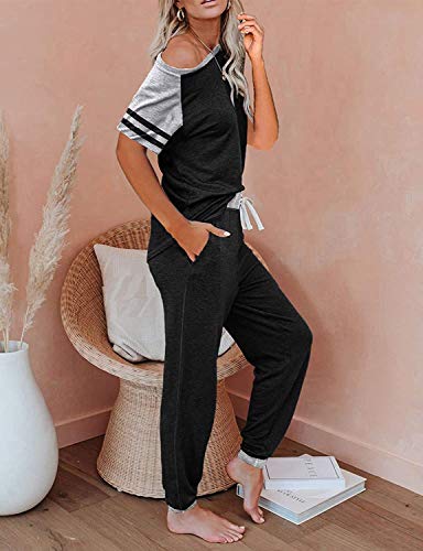 Image of PRETTYGARDEN Women's Two Piece Outfits Striped Short Sleeve Pullover and Long Pants Tracksuit Pajama Lounge Jogger Sets