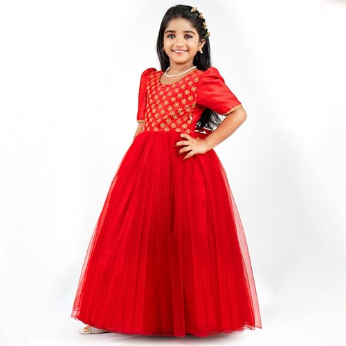 Image of Stanwells Kids Dress for Girls Embroiderd Full Length Frock for Baby Girls Flower Gown Ruffle Pattern Back Zipper Beautiful Sleeveless Birthday Dress for Girls Coral (1-9 Years)