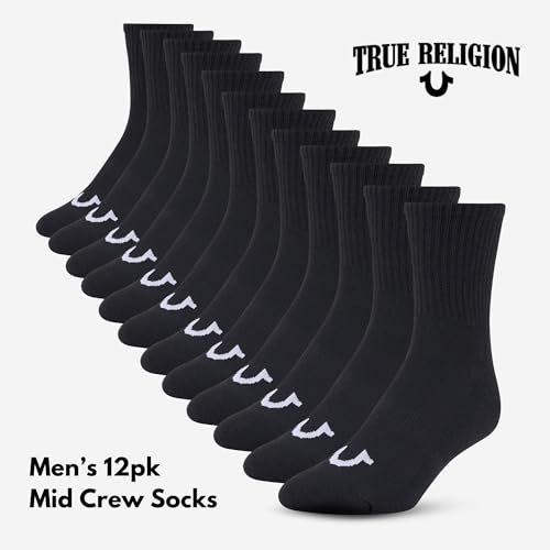 True Religion Mens Socks 12 Pack Mid Crew Socks for Men Premium Athletic, Shoe Size 8-122