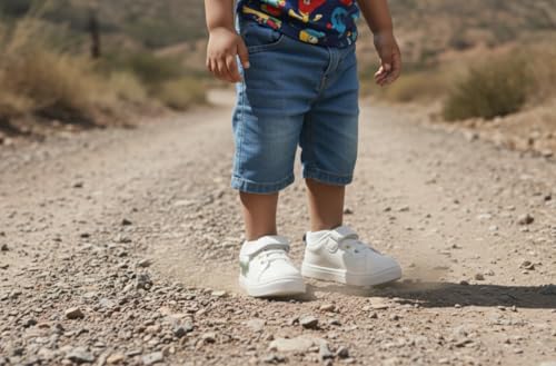 Image of Myau Kids Classic White Sneakers with Dinosaur Detail, Hook and Loop Straps, Casual Style, for 1-5 Years