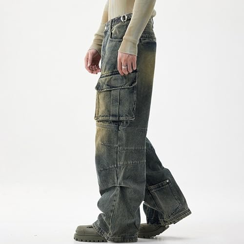 Men's Blue Hip Hop Streetwear Joggers Denim Sweatpants Techwear Vintage Cargo Pants Wide-Leg Multi-Pocket Jeans3
