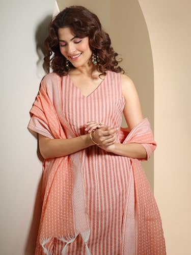 Image of Libas Woven Design Cotton Blend Straight Kurta with Palazzo and Dupatta