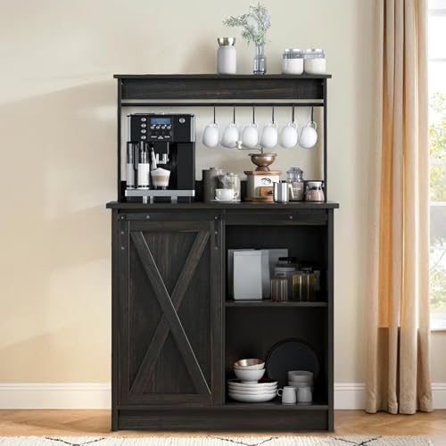 La Mejor Lista de Armarios y aparadores - los preferidos. 48 Armario de Cocina, Gabinete de Almacenamiento para Cocina con 2 Puertas Corrediza y 6 Ganchos, Mueble Aparador para Sala de Estar, Comedor, 40 x 80 x 127 cm (Negro)