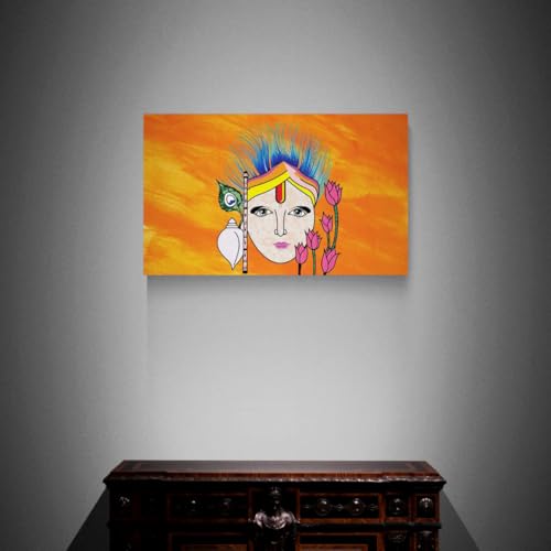 Image of ARTEBELLA Lord Krishna Inspired Canvas Wall Art, Orange Background with Flute, Peacock Feather and Lotus, Spiritual Home Decor (19.5 in X 30.5 in)