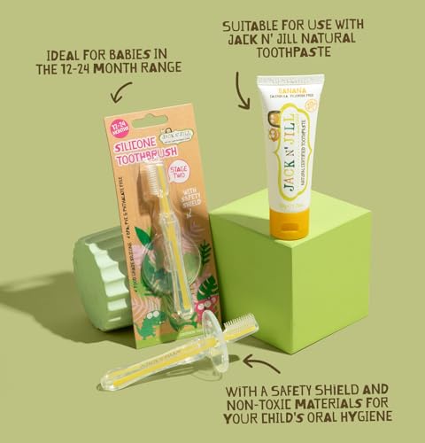Image of Jack N Jill Silicone Kids Toothbrush with Handle, Gentle, Pack of 1 | Toddler Toothbrush for Age 1-2 Years, Soft Silicone Bristles, Safety Shield Included, for Girls and Boys