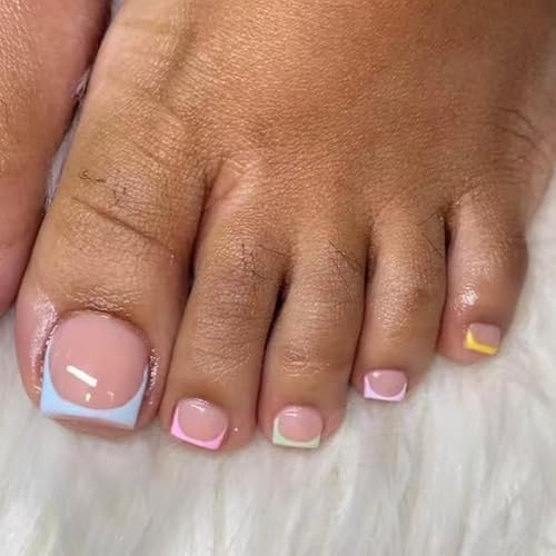 Image of Colorful Press on Toenails French Tip Fake Toenails Glossy False Toe Nails Short Square Glue on Toenails Reusable Artificial Acrylic Full Cover tick on Toes for Women Girls Manicure 24 Pcs