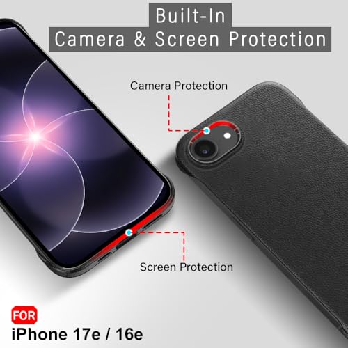 Image of TheGiftKart for iPhone 16e / iPhone 17e Case, Slim Hard Back Cover, Leather Texture Finish, Metal Camera Ring, Lightweight Profile, Hybrid Ultimate Slim Back Cover Case (PC & TPU, Black)