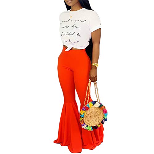 GUOLEZEEV Women Flare Pants Elastic High Rise Bell Bottom Wide Leg Trouser XL Red