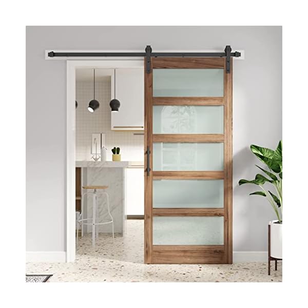 FREDBECK 36 x 84 inch Glass Barn Door with 6.6FT Barn Door Hardware Kit & Handle Included,5-Panel Frosted Glass,MDF Wood Panel, Water-Proof PVC Surface,Pre-Drilled Holes,Need Assembly