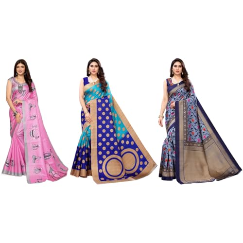 Image of Yashika Women's Sarees Women's Combo Art Silk Printed Saree With Unstitched Blouse Piece |saree for Women | saree combo | New Sari | Saree Pack Of 3