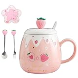 RQEVSNVK High beauty Cup With Cover Spoon Mug Female Student Korean Version Lovely ins Coffee Cup Household Ceramic Breakfast Cup (Pink 2)