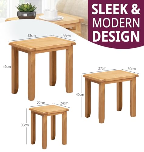 Hallowood Furniture Monchique Nest of Tables Set of 3, Multifunctional Wooden Nesting Side, Coffee Table for Small Spaces, Solid Oak Living Room Furniture, Fully Assembled