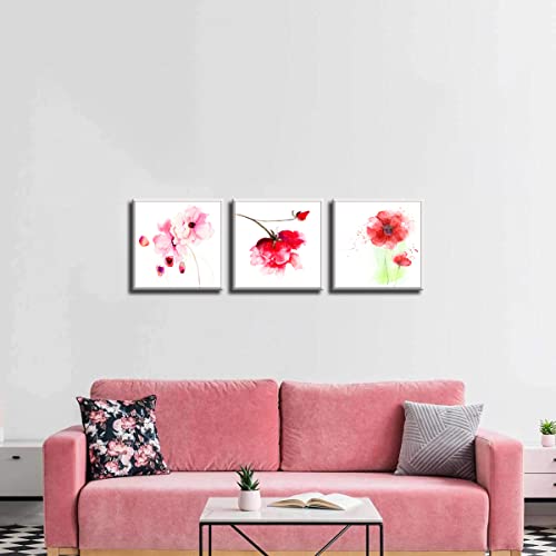 Nan Wind 3 Pcs 12X12Inches Canvas Print Pink Watercolor Flower Modern Giclee Stretched And Framed Artwork For Home Decor Poppy Flowers Pictures Prints On Canvas For Wall #TOP2