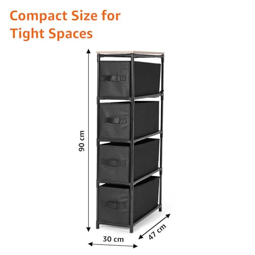 Image of Amazon Basics Slim Fabric Chest of 4 Drawers, Iron Frame & MDF Top - Compact Storage Dresser for Clothes, Bedroom, Closet & Small Spaces - Black (30L x 47W x 90H CM)