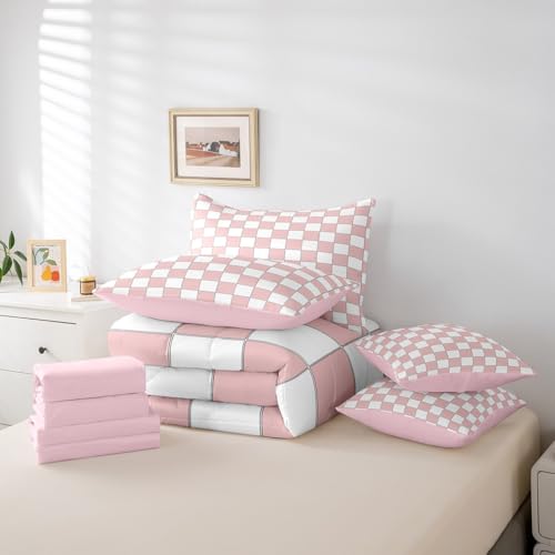 Image of Erosebridal White Pink Plaid King Comforter Set with Sheets 7 Piece Light Pink Checkerboard Bedding Set for Kids Girls Teen,Checkered Grid Bed in A Bag Modern Aesthetic Geometric Bed Set
