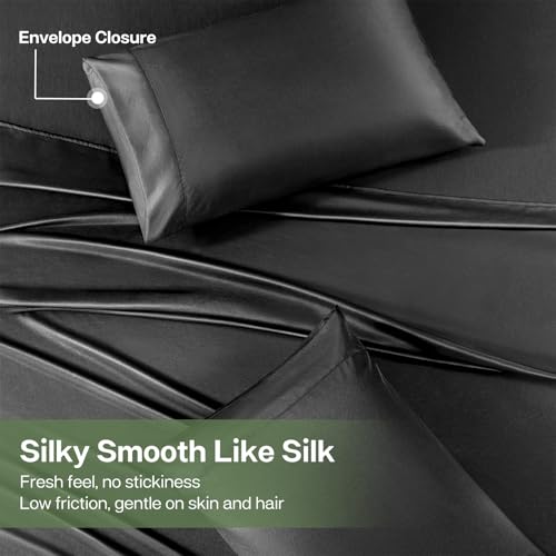 MR&HM King Size Sheets Set, 4-Piece Cooling Sheets, Rayon Derived from Bamboo & Polyester Blend, Soft & Silky, 15" Deep Pockets with Elastic Straps, Hotel Luxury for Hot Sleepers, Black
