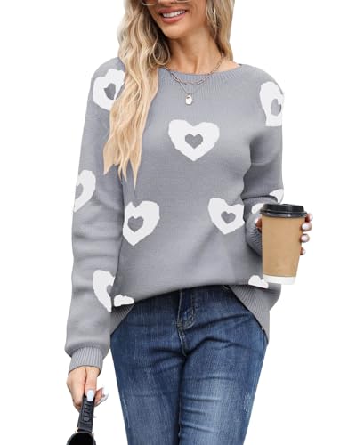 Image of Womens Cute Heart Sweater Crew Neck Long Sleeve Pullover Valentines Sweater