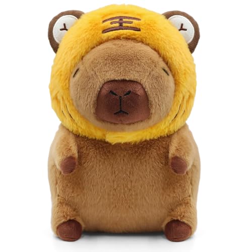 Image of Cute Capybara Plush Wear Tiger Hat, Kawaii Soft Capybara Plushie Pillow, 14 inch Capybara Stuffed Animal Hugging Gifts for Kids Adults (Tiger Capybara)