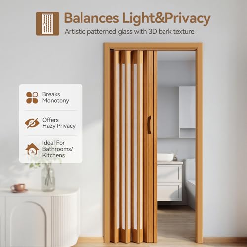 INMOZATA Folding Doors Internal PVC Plastic Features Artistic Patterned Glass Internal Doors with Handle Sliding Concertina Door Panel Divider (Natural, Thickness 6mm)