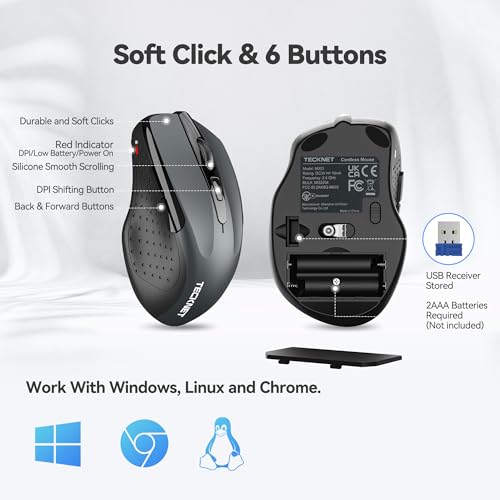 Image of TECKNET Wireless Mouse, 2.4G Ergonomic Computer Mouse, 2600 DPI, Grey